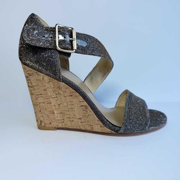 Stuart Weitzman Lineone Pyrite Nocturn Wedge Sandal Dark Silver Glitter Sparkle - Picture 4 of 16